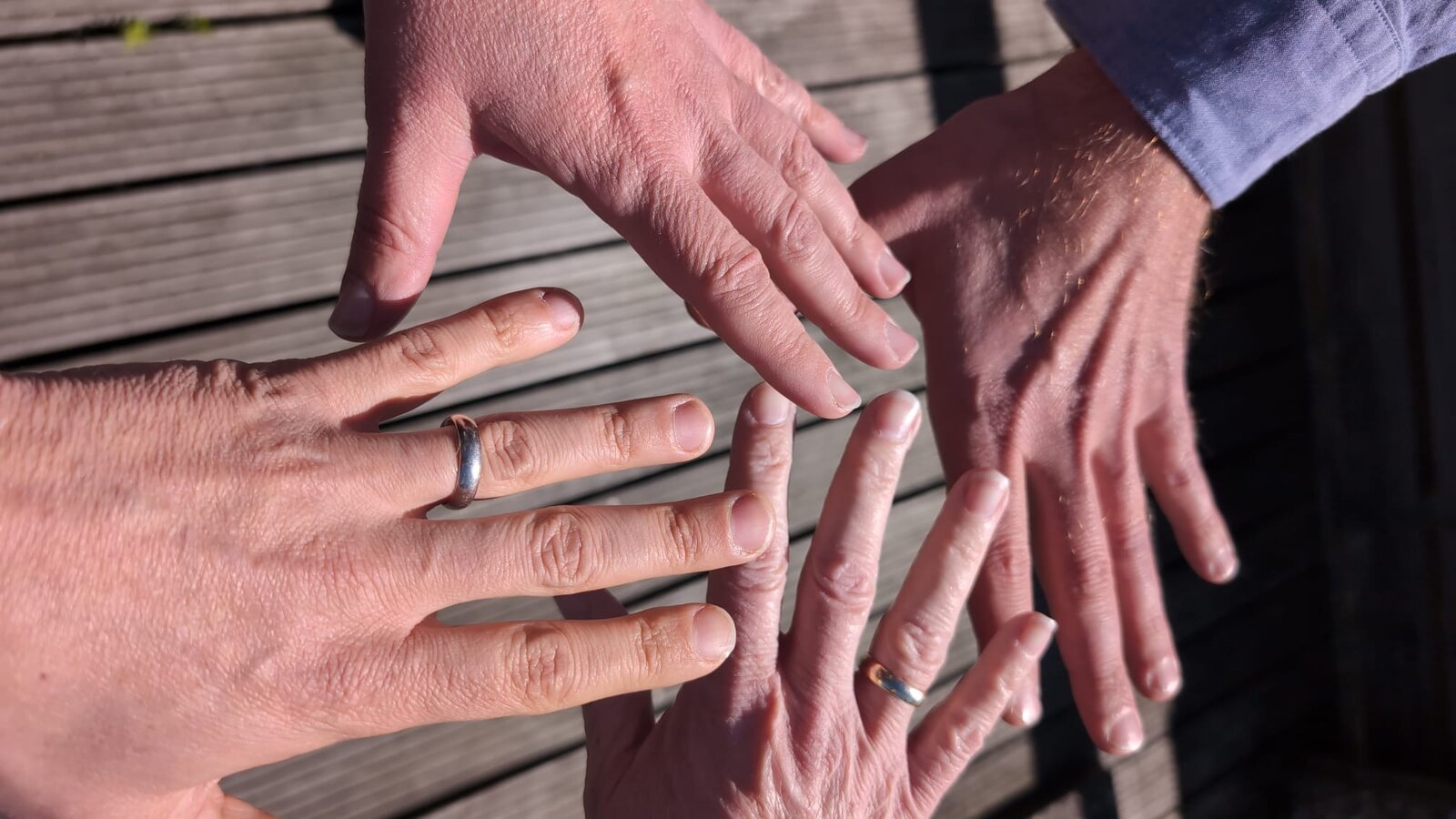 Vier Hände der Arbeitsgruppe – Miriam, Simone, Jörg und Steffen – auf einem Tisch zusammen