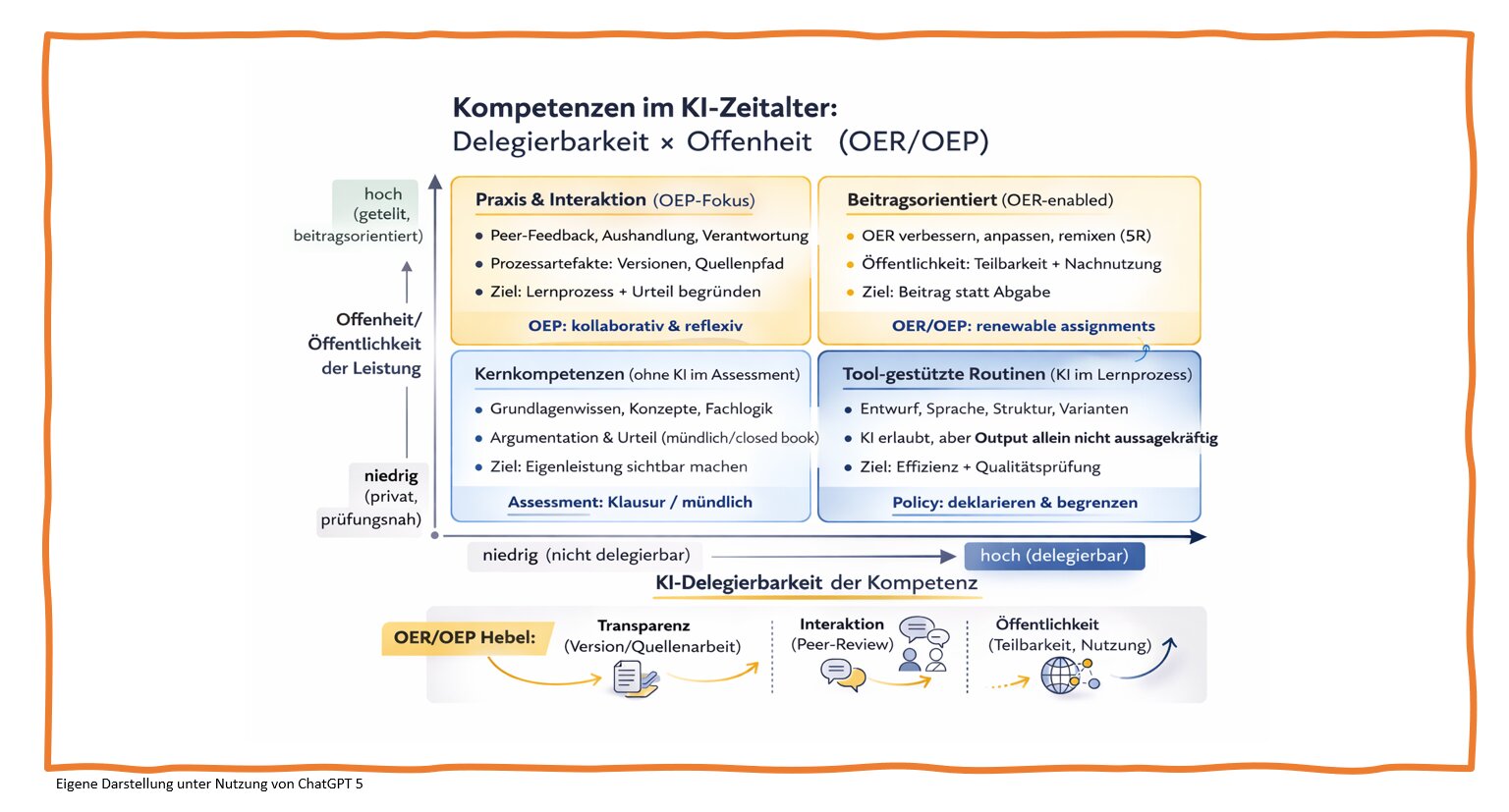 Folie aus Präsentation von Prof. Daniel Otto zu aktuelle Herausforderungen und Perspektiven für OER und OEP mit Matrix zu Kompetenzen im digitalen Zeitalter: Delegierbarkeit x Offenheit. Eigene Darstellung unter Nutzung von ChatGPT 5.