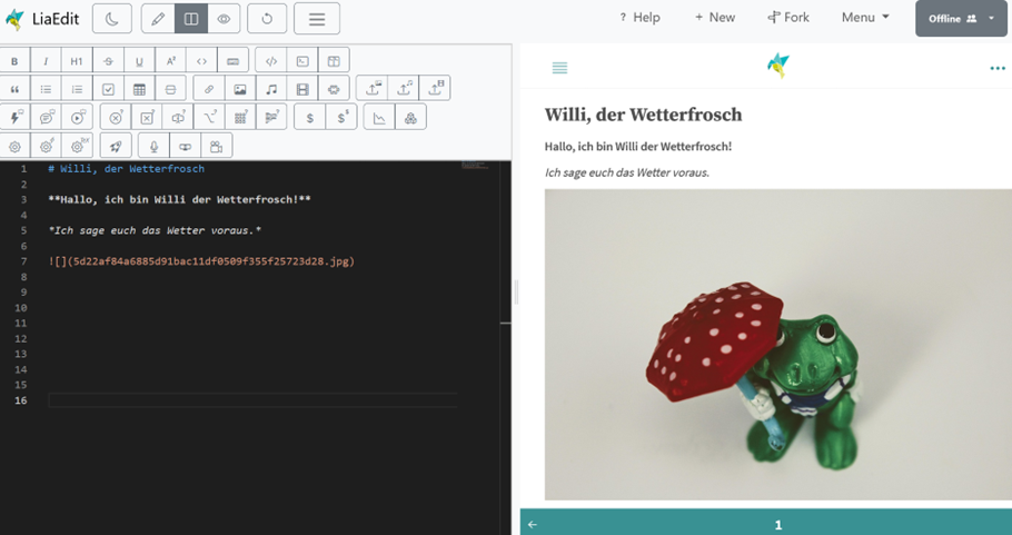 Screenshot eines LiaScript-Dokuments im LiveEditor mit Markdown-Quelltext und gerendertem Kurs.