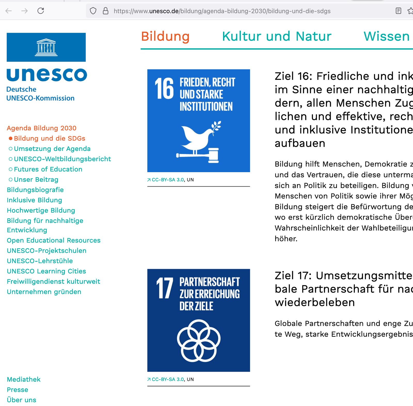 Screenshot von der Webseite der Deutschen UNESCO-Kommission zur Verwendung der SDG-Logos in Bildungskontexten abgerufen am 2. August 2024