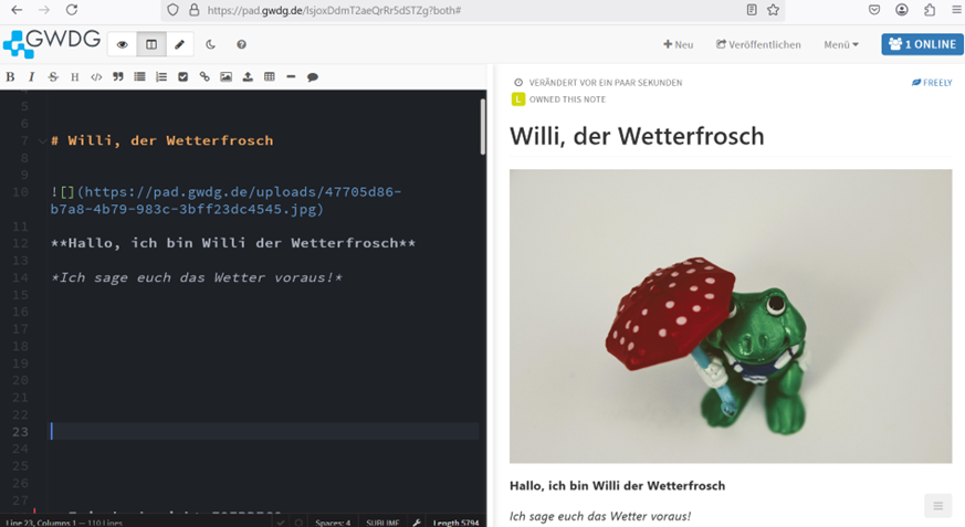 Screenshot eines Hedgedoc-Dokuments mit Markdown-Quelltext links und gerenderter Vorschau rechts.