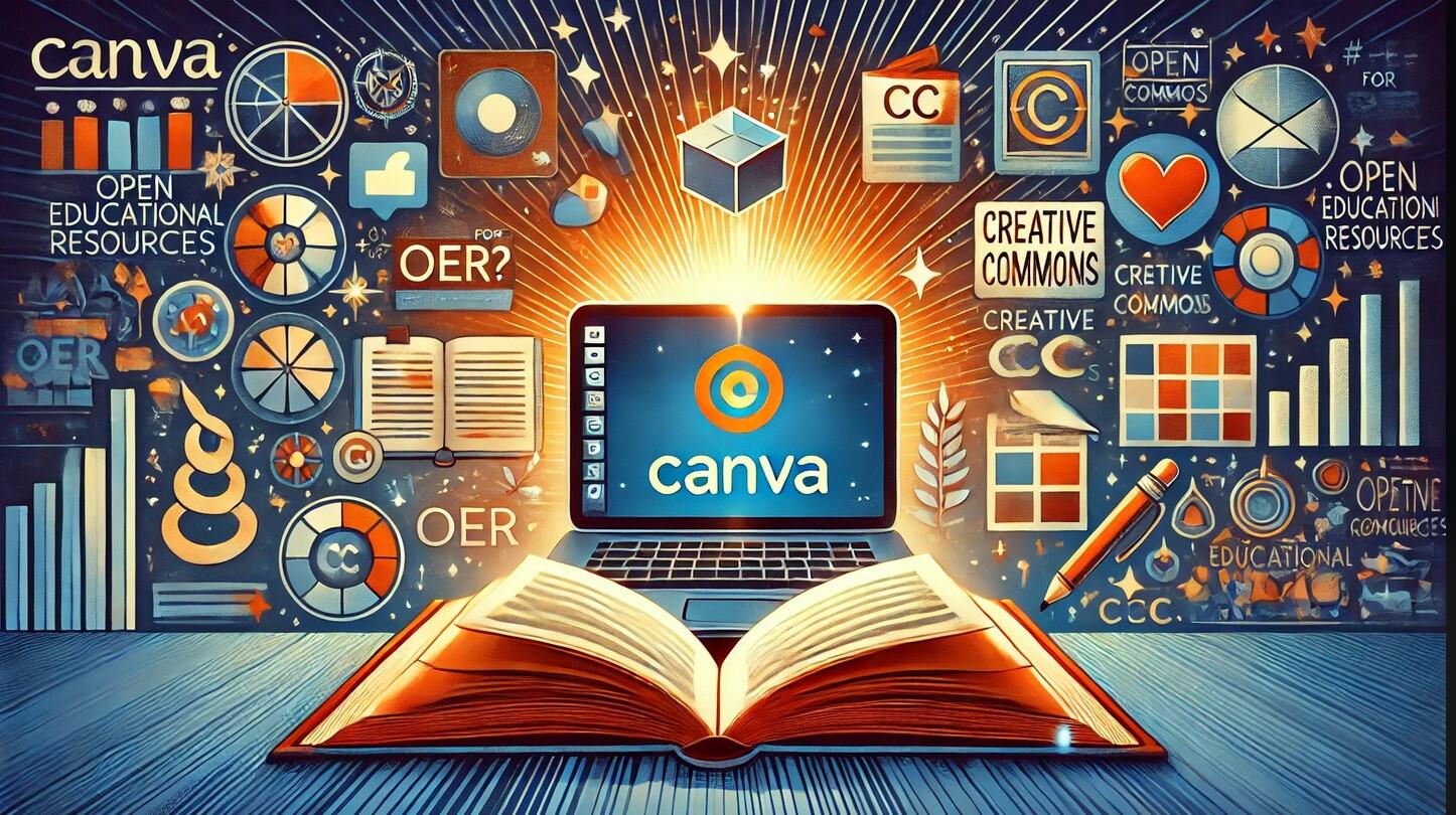 Illustration eines Laptops über einem aufgeschlagenen Buch, umgeben von Symbolen, Diagrammen und Begriffen zu OER, Creative Commons und digitaler Bildung.