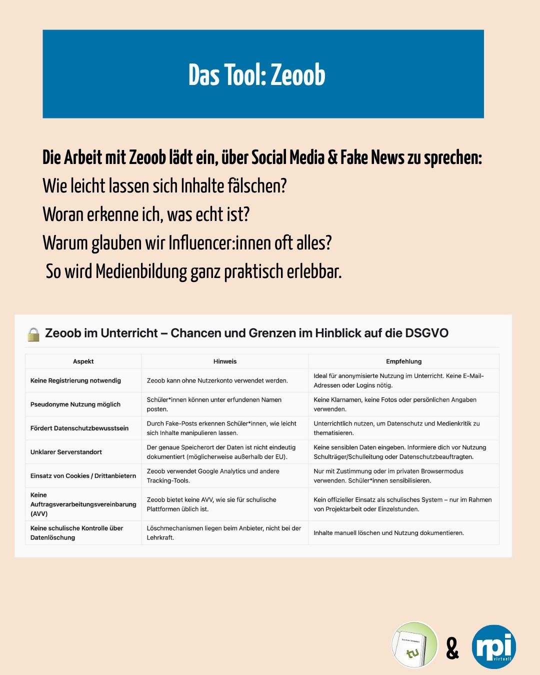Instagram-Visual von @nt.evangelisch_tudortmund und @rpivirtuell mit Vorstellung von Zeoob als Tool für Social Media Posts.