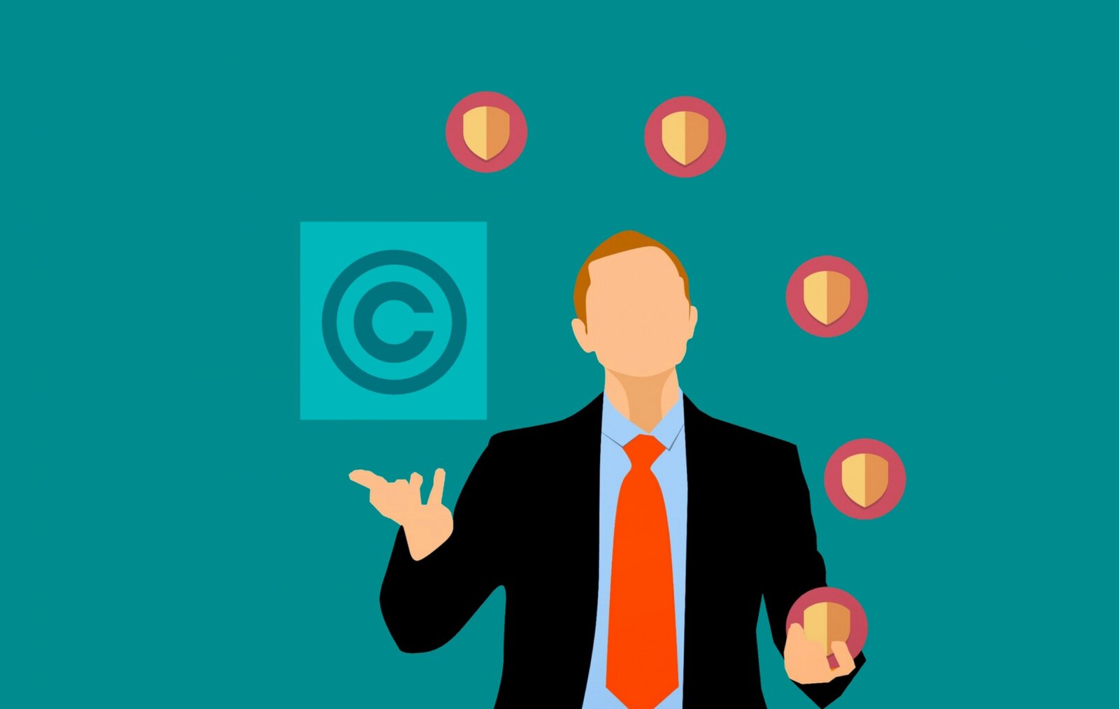 Illustration eines Mannes mit einem Copyright-Symbol und mehreren Schutzschilden als Sinnbild für den Schutz von Urheberrechten.