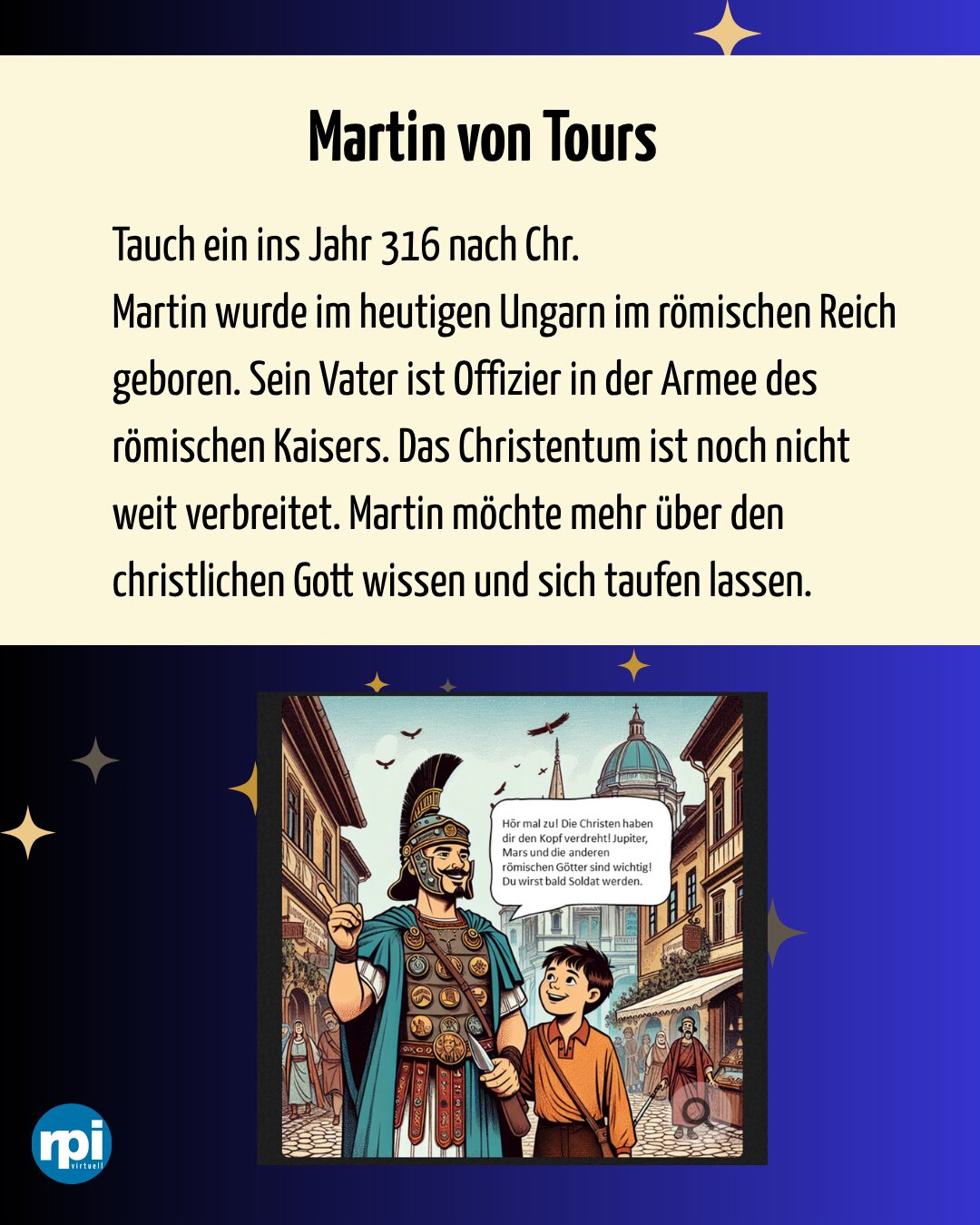 Instagram-Visual mit Vorstellung von Martin von Tours mit Comic-Zeichnung.