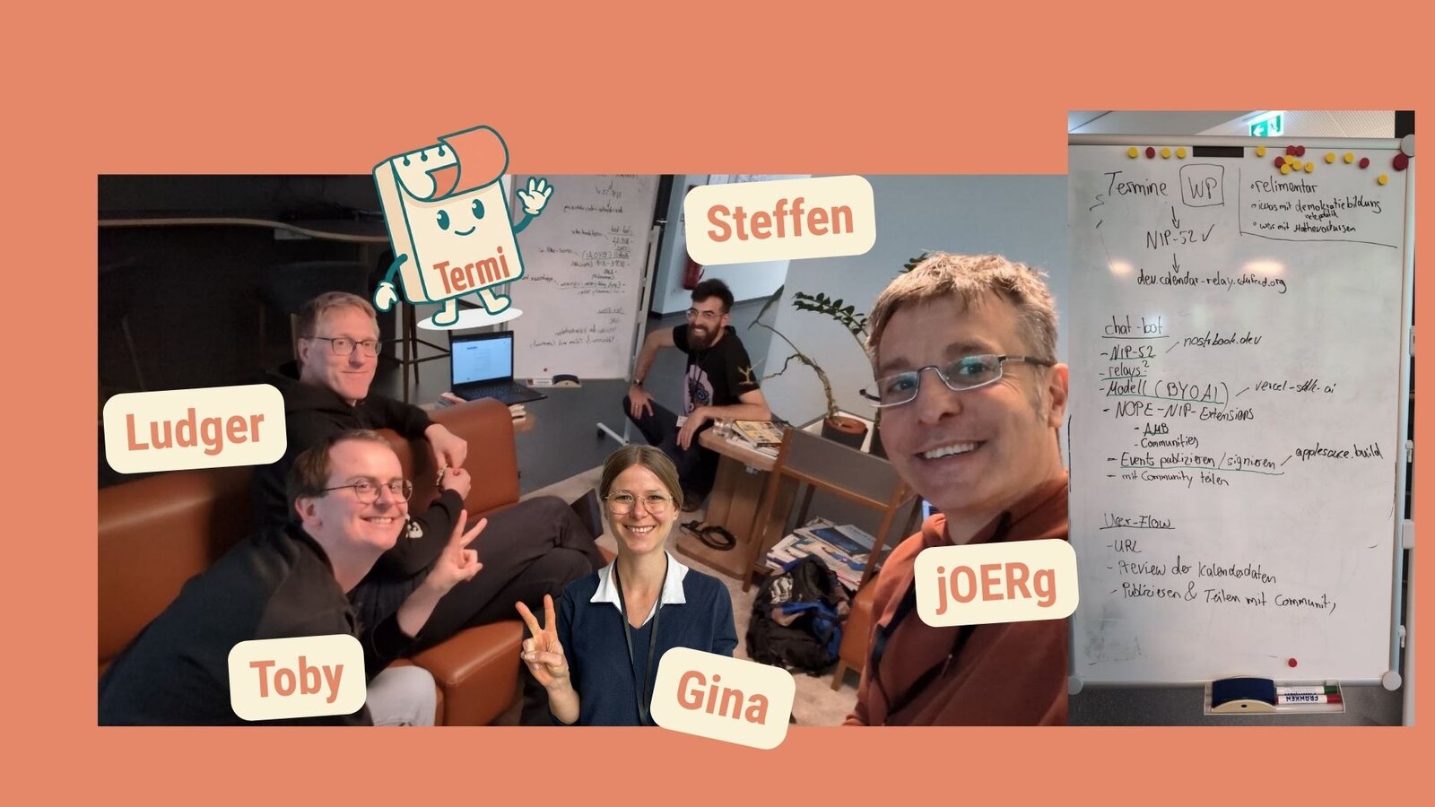Das Termi-Team am Whiteboard: Ludger, Steffen, Gina und Jörg vom FOERBICO-Team mit Toby (GWDG) und Maskottchen „Termi“